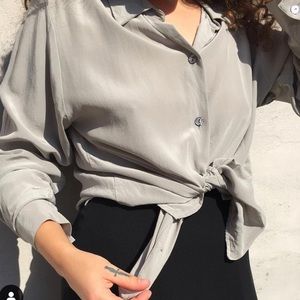 Vintage Silk Top Button Up Blouse Medium Silver